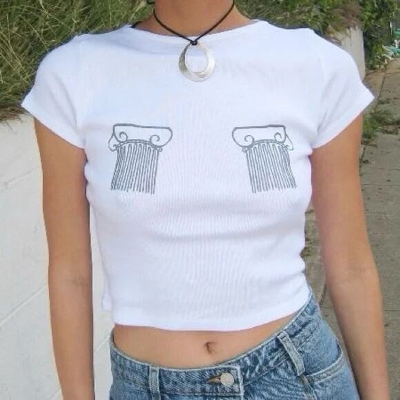 Lisa Says Gah Columns Cropped Shirt White M - Picture 1 of 7